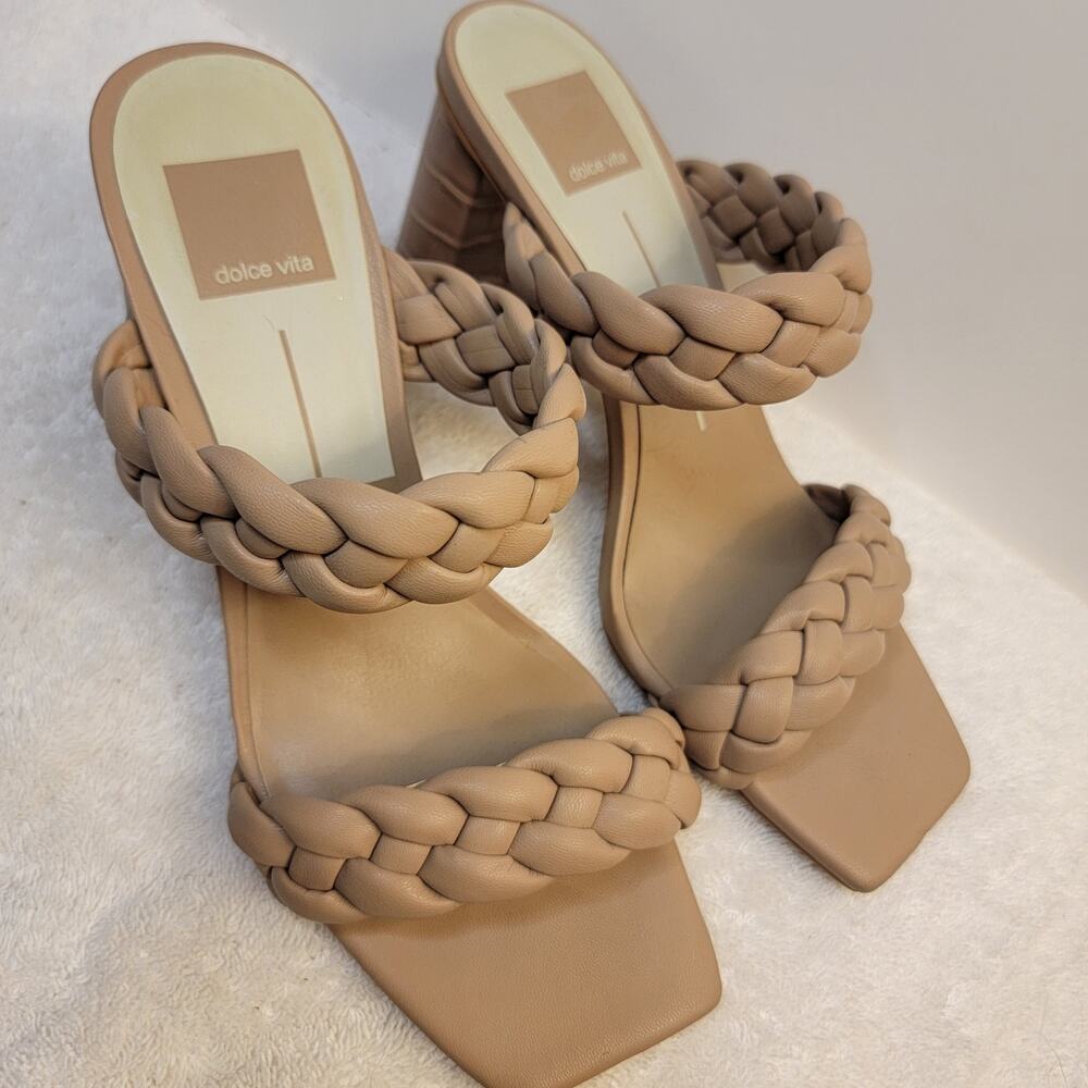 Dolce Vita Woven Braid Heels Slip On 7.5 Nude Tan Beige Sand Mules